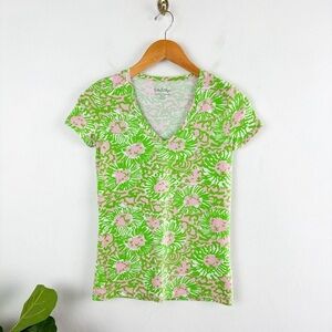 Lilly Pulitzer Lion Head Print Cotton V-Neck T-Shirt Sz XS